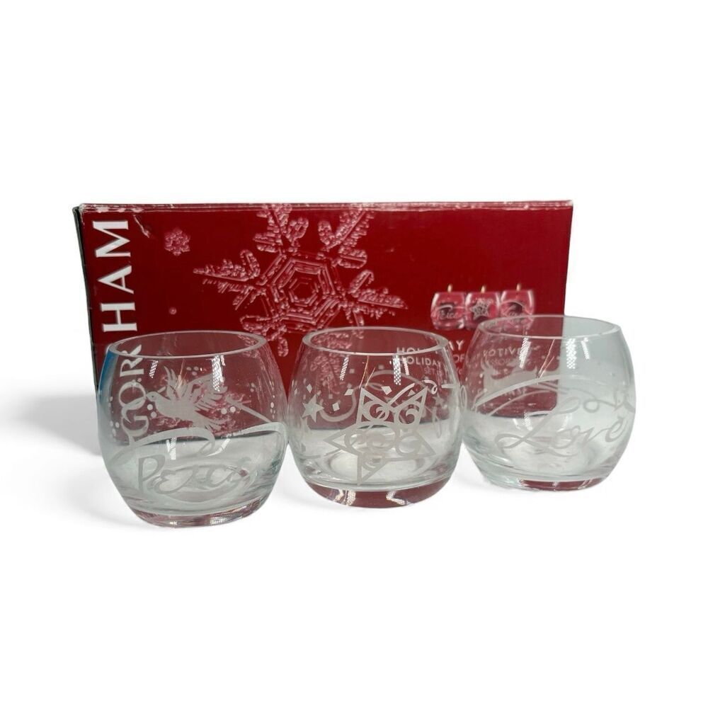 Gorham Etched Glass Holiday Votive Candle Holders Peace Joy Set of 3 New Boxed